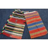 Two colourful stylized cotton blankets one with figure decoration, 97cm x 116cm, 136cm x 115cm.