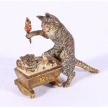 19th century Austrian miniature cold painted bronze figure of a cat and kitten in a cot,