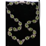 Silver green gem and marcasite necklace, marked 925, 43cm.