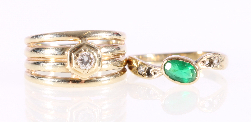 9ct gold gem set ring and a diamond set yellow metal ring, 53g gross.