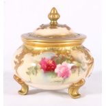 Royal Worcester blush ivory pot pourri vase, of squat form, painted with roses, signed EM Fildes,