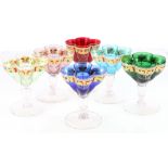 Suite of six handmade Venetian coloured and enamelled sundae glasses with lobed bowl,