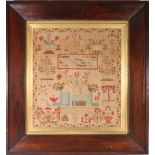 Early Victorian pictorial sampler, with house, verse, birds and foliage, indistinct name and date,