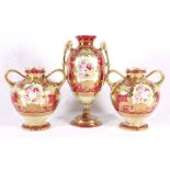 Suite of three Noritake gilt porcelain vases, with reserves of roses, on a red ground,