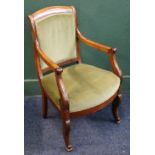 Regency mahogany armchair with scroll arms and sabre legs, 92cm.