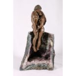 Ebano amethyst geode sculpture, the bronzed lovers, signed Vidal, 47cm.