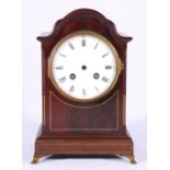 Victorian brass inlaid mahogany mantel clock, with Roman enamel dial,