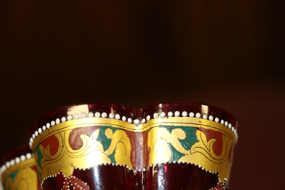 Suite of six handmade Venetian coloured and enamelled sundae glasses with lobed bowl, - Image 5 of 6