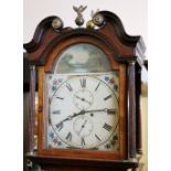 Victorian oak longcase clock, with arched enamel Roman dial, the arch with rural landscape, 218cm.