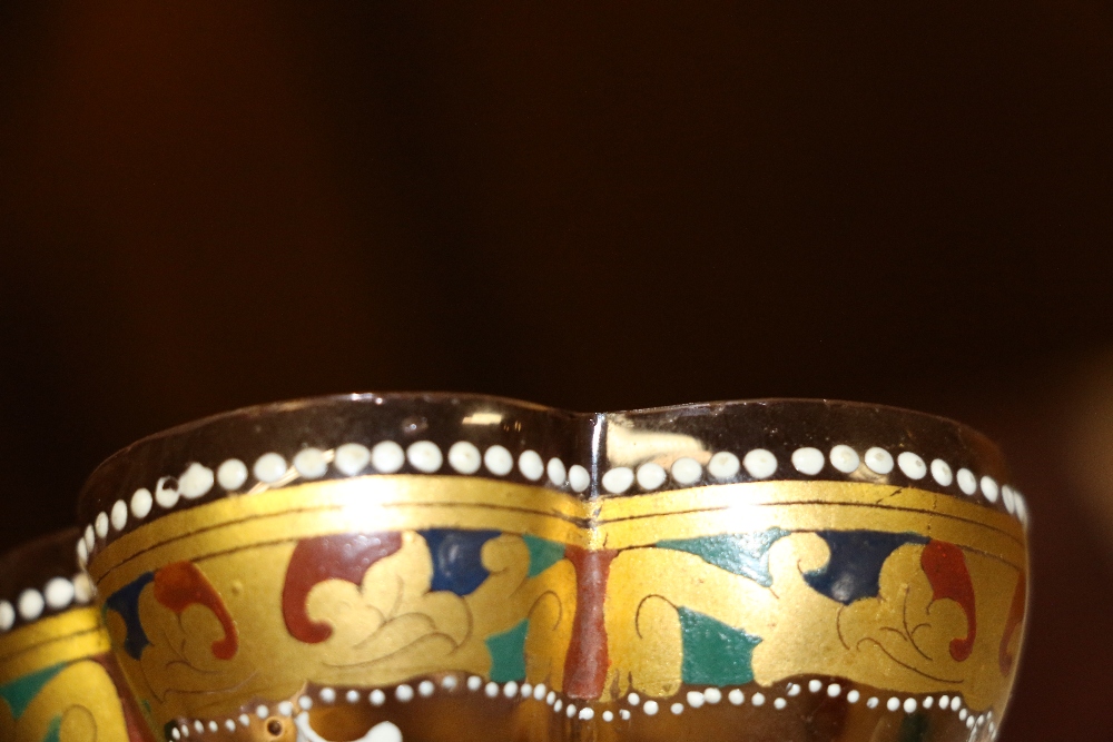 Suite of six handmade Venetian coloured and enamelled sundae glasses with lobed bowl, - Image 6 of 6