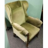 Victorian mahogany wingback armchair, with green upholstery,