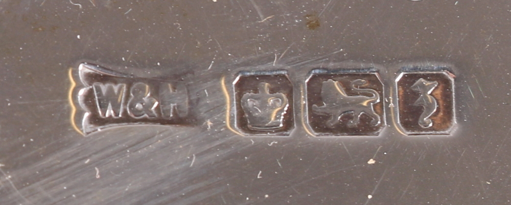 Walker & Hall silver tray, with serpentine border and engraved monogram, raised on scroll feet, - Image 2 of 2