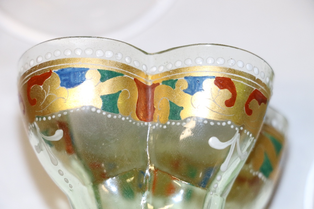 Suite of six handmade Venetian coloured and enamelled sundae glasses with lobed bowl, - Image 3 of 6