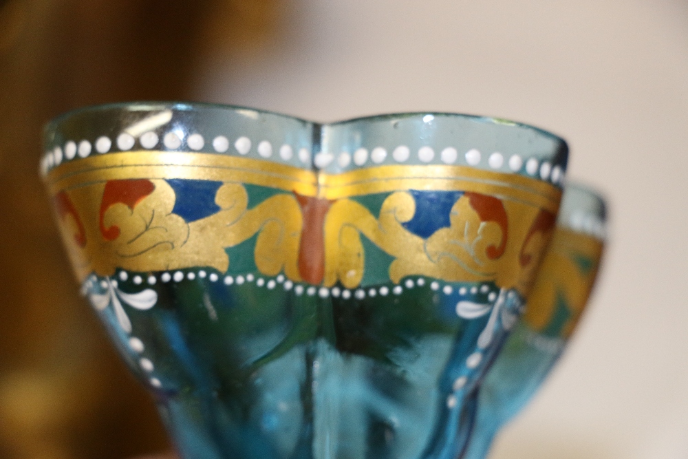 Suite of six handmade Venetian coloured and enamelled sundae glasses with lobed bowl, - Image 4 of 6