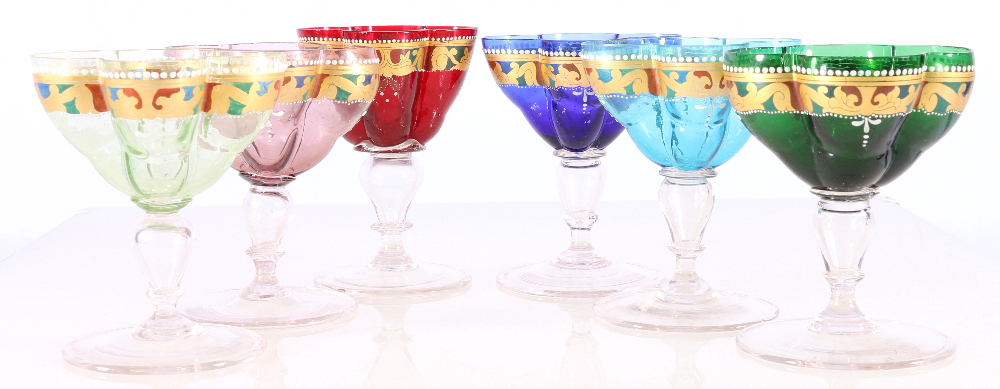 Suite of six handmade Venetian coloured and enamelled sundae glasses with lobed bowl, - Image 2 of 6