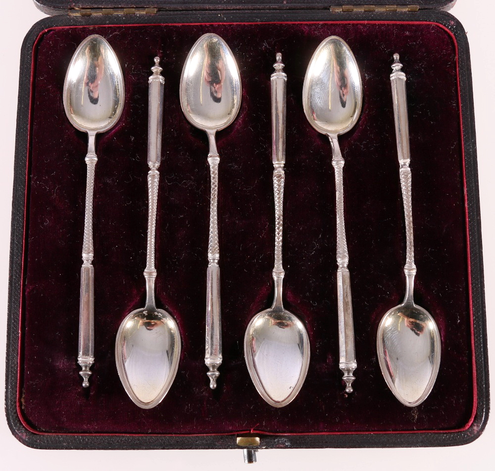 Set of six Victorian silver coffee spoons with tapered hexagonal stems,