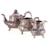 Victorian rococo revival silver three piece teaset, maker Robert Hennell,