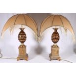 Pair of gilt wood table lamps with pineapple stems and canopy shades, 84cm.