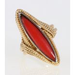 18ct gold dress ring set with navette coral stone, 8.3g.