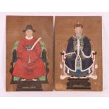 Two late 19th century Chinese paintings on material covered board depicting a courtier in robes of