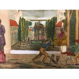 19th century peepshow with five accordion sections depicting figures in a garden landscape,