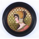 A continental circular embroidered portrait of a girl in Arts & Crafts style wearing a velvet and