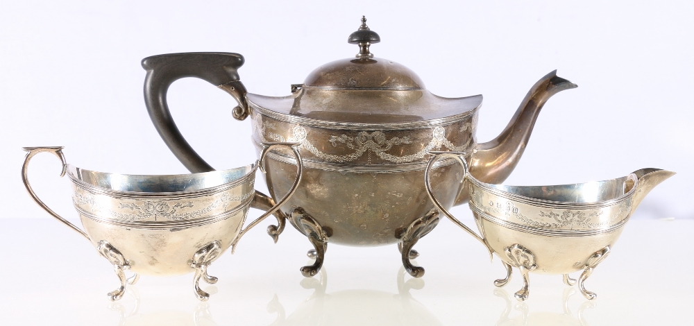 Silver three piece teaset of circular form, with ribbon and swag borders, Birmingham 1912, - Image 2 of 4