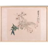 Three 20th century Chinese watercolour paintings of flowers, on silk, signed and seal mark, 25.