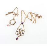 9ct gold amethyst peridot and seed pearl pendant on 9ct gold chain, 4.