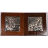 Pair of square silver wall plaques decorated in repousse work entitled 'The Elephant' and 'The