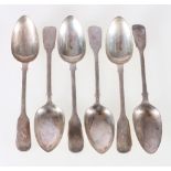 Set of six George III silver fiddle pattern spoons, engraved initial S, 228g, London 1811,