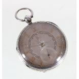 Victorian silver cased open face key winding pocket watch with engraved silver dial and Roman