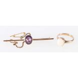 15ct yellow gold bar brooch set with faceted oval amethyst, 4g, 5.