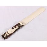 19th century ivory and horn paperknife, the horn handle with applied wolf and stag,