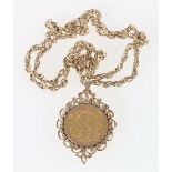 George V gold sovereign in 9ct gold pendant mount on unhallmarked chain, 25.53g.