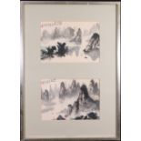 Chinese 20th century ink paintings of mountainous landscape scenes, framed as one,