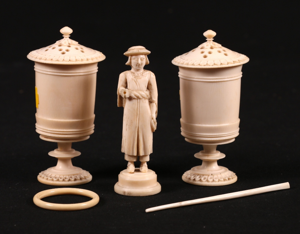 A pair of carved ivory containers in the form of urns with pierced carved lids, - Image 2 of 2