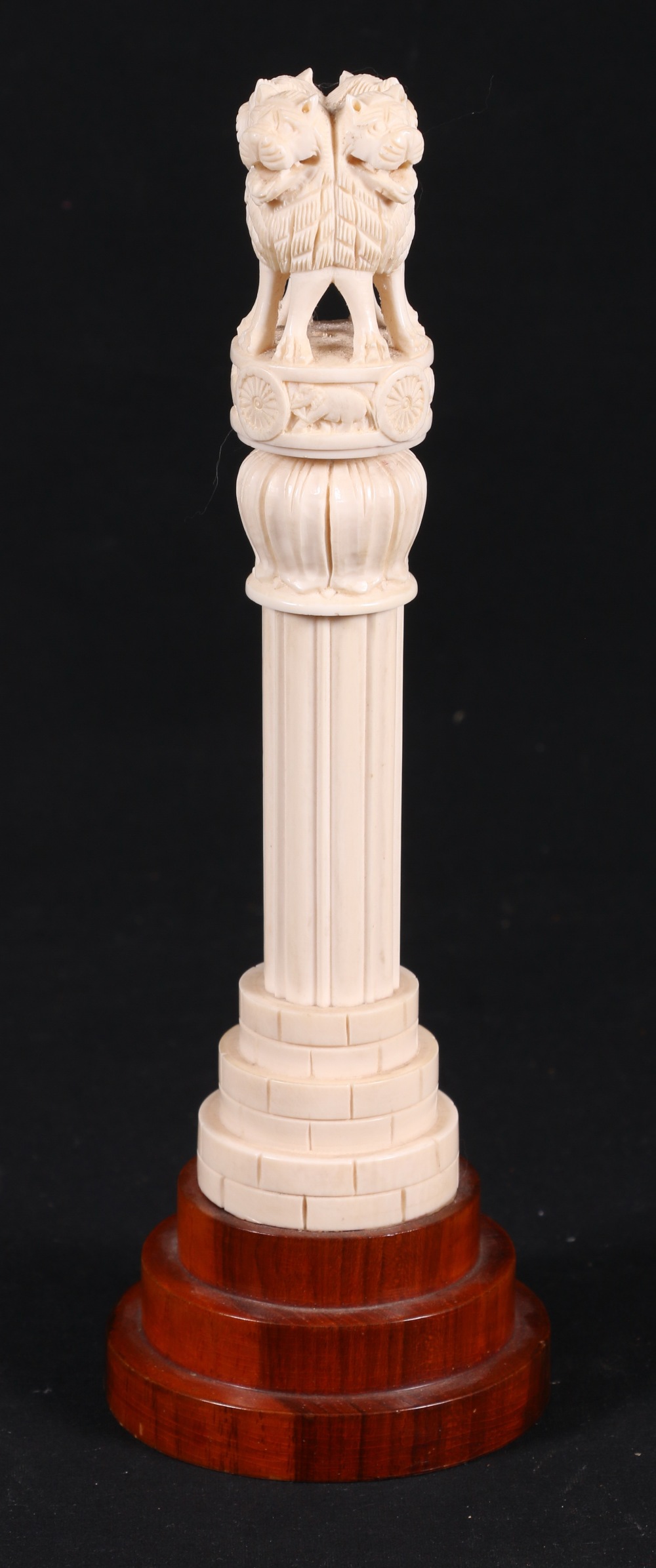 Early 20th century carved ivory column on tiered base with four lions and animal frieze above a - Image 2 of 2