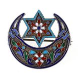 Russian 84 zolotnik silver and enamelled star and crescent moon brooch stamped HC 84 STAR, 13.1g, 3.