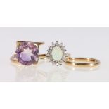 9ct gold opal and diamond ring, size N, 2.5g, 9ct gold faceted amethyst ring, size N, 4.