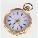 18K gold keyless fob watch with enamelled dial and Roman numerals, 30.4g gross.