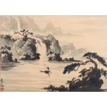 Chinese 20th century painting of a figure in a boat by a waterfall, ink and watercolour,