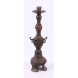 19th century Chinese bronze candle stand, converted for electricity with pierced central section,