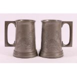 Pair of Chinese Kutching Swatow ware glass bottomed pewter tankards with incised decoration of