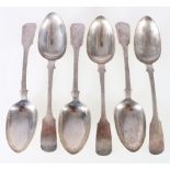 Set of six William IV silver fiddle pattern table spoons,engraved with initial S, 435g gross,