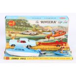 Corgi Toys gift set 31 Buick 'Riviera', with boat, trailer and water skier, on pictorial stand,