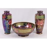 Maling bowl, 10.5cm and a pair of matching vases, 23.