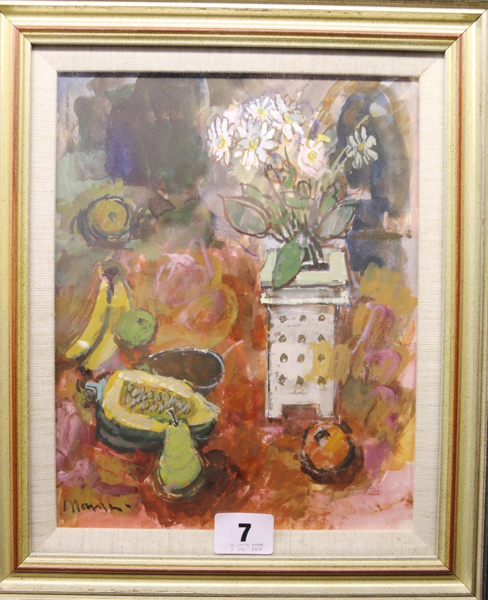DONALD MANSON Still life with white flowers and winter squash Signed, oil,