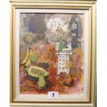 DONALD MANSON Still life with white flowers and winter squash Signed, oil,