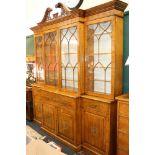 19th century style Sheraton inspired satinwood breakfront library bookcase with painted designs of